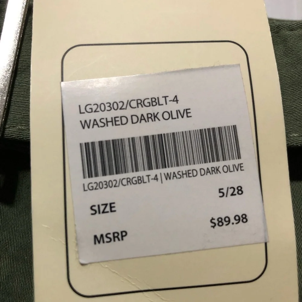 NWT Lovegen Juniors Front Pockets Belt Washed Dark Olive Cargo Skirt size 5 / 28